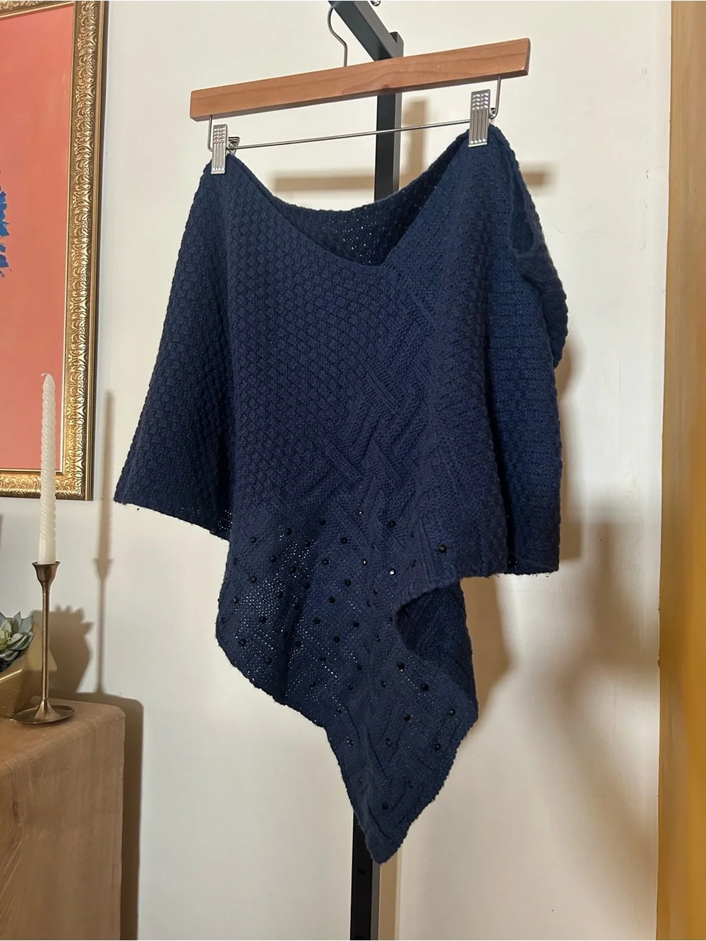 Wool Knit Poncho V-Neck Embellished Capelet Sweater Navy Blue Shawl One Size